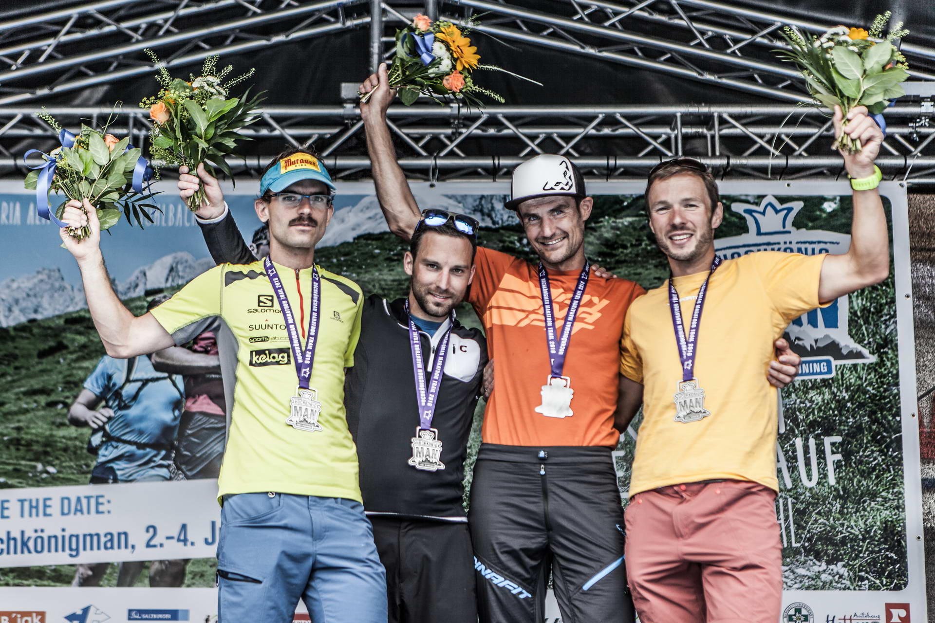 Starke Typen – Sieger und damit auch Österreichischer Meistertitel im Marathon Trail Michael Kabicher, Zweiter Andreas Tockner und die beiden Dritten Gerald Bauer und Markus Stock beim Hochkönigman 2016