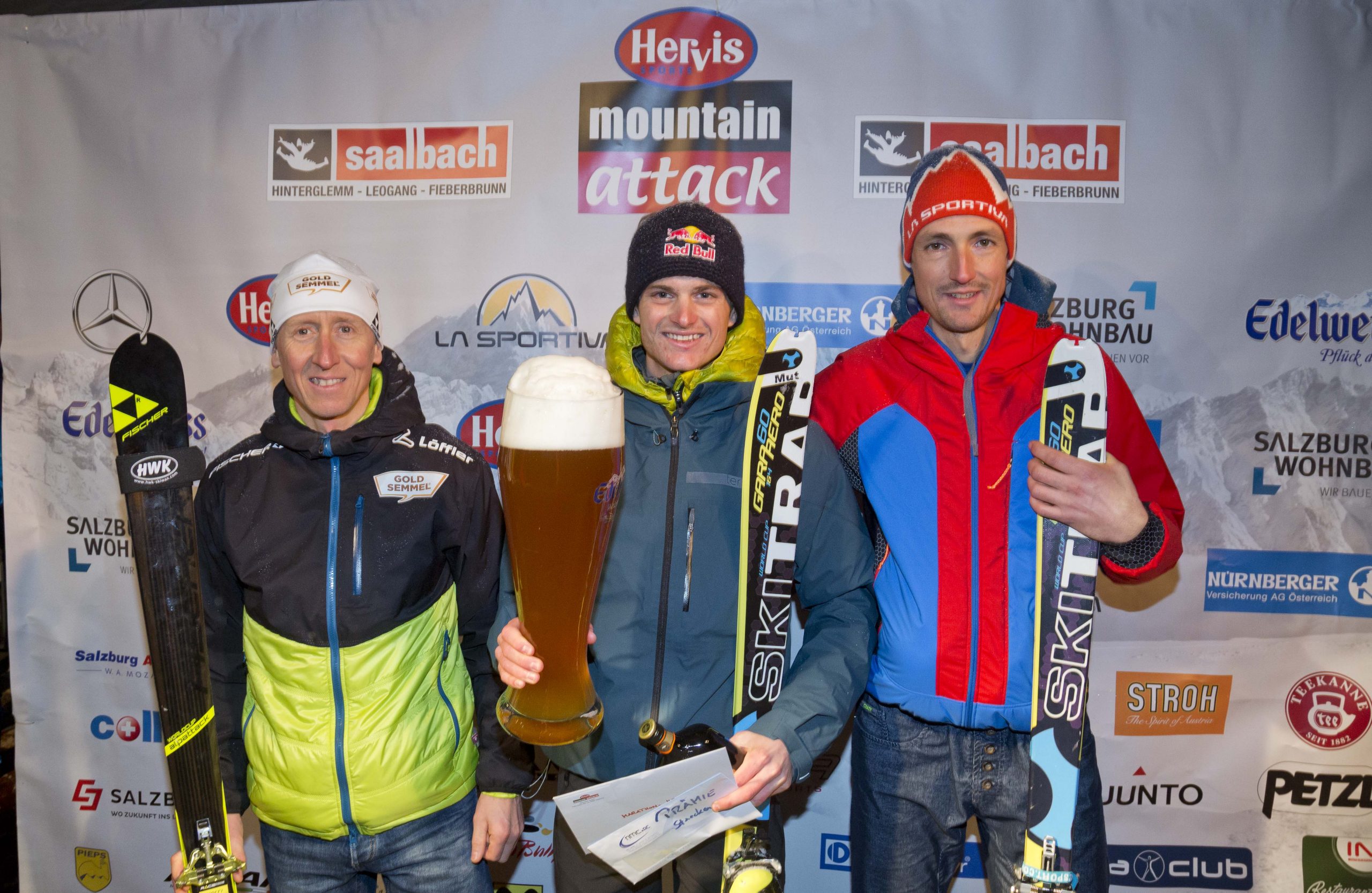 Marathon Männer: 1 Anton Palzer, DE, 2 Christian Hoffmann, AUT, 3 Tadei Pivk, IT,  Mountain Attack 2017, Saalbach Hinterglemm, Tourenskimarathon, 13012017 © www.wildbild.at
