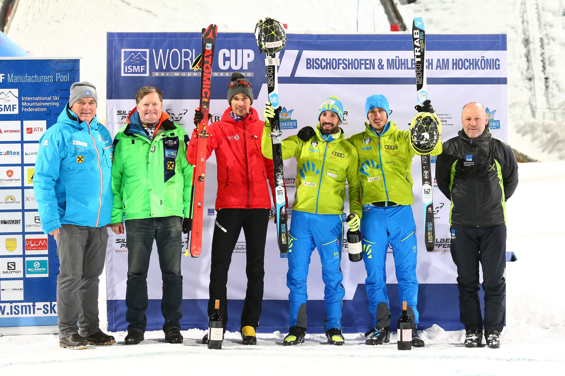 SALZBURG, AUSTRIA - JANUARY 18: Iwan Arnold of Switzerland takes 2nd place, Robert Antonioli of Italy takes 1st place and Nicolo Canclini of Italy takes 3rd place during ISMF World Cup Sprint Race at Paul Ausserleitnerschanze on January 18, 2019 in Salzburg, Austria.