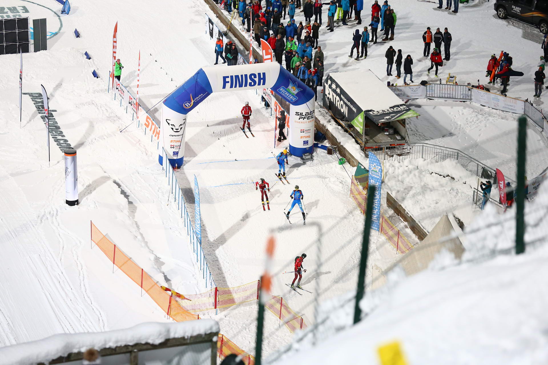 SALZBURG, AUSTRIA - JANUARY 18: finish of the men's semi finals during ISMF World Cup Sprint Race at Paul Ausserleitner Schanze on January 18, 2019 in Salzburg, Austria.