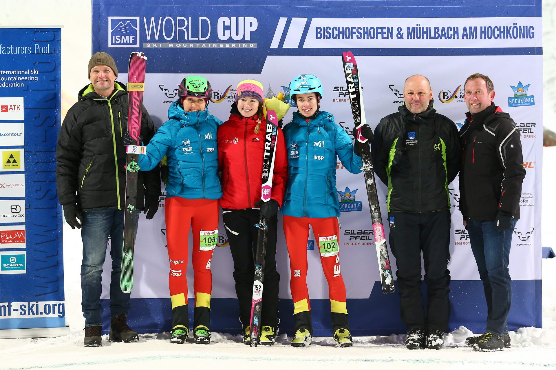 SALZBURG, AUSTRIA - JANUARY 18: Claudia Garlicia of Spain takes 2nd place, Marianne Fatton of Switzerland takes 1st place, Marta Garcia of Spain takes 3rd place during ISMF World Cup Sprint Race at Paul Ausserleitnerschanze on January 18, 2019 in Salzburg, Austria.