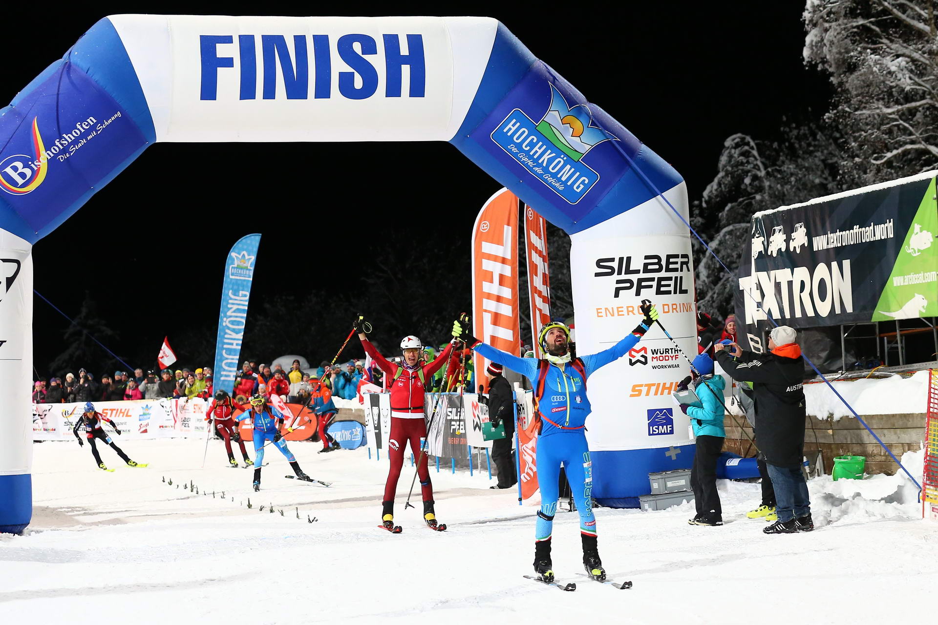 SALZBURG, AUSTRIA - JANUARY 18: Robert Antonioli of Italy and Iwan Arnold of Switzerland during ISMF World Cup Sprint Race at Paul Ausserleitnerschanze on January 18, 2019 in Salzburg, Austria.