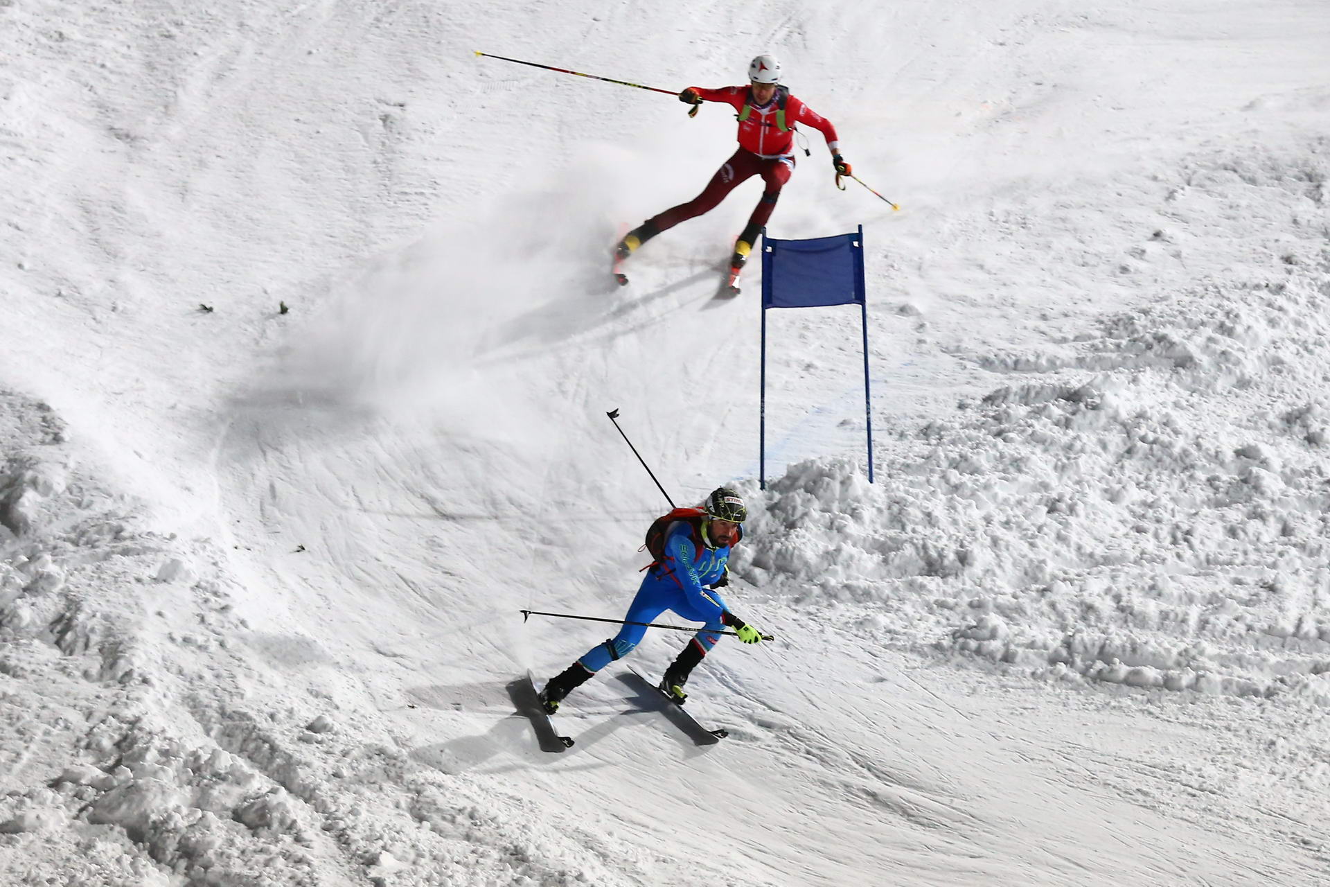 SALZBURG, AUSTRIA - JANUARY 18: Robert Antonioli of Italy and Iwan Arnold of Switzerland during ISMF World Cup Sprint Race at Paul Ausserleitnerschanze on January 18, 2019 in Salzburg, Austria.