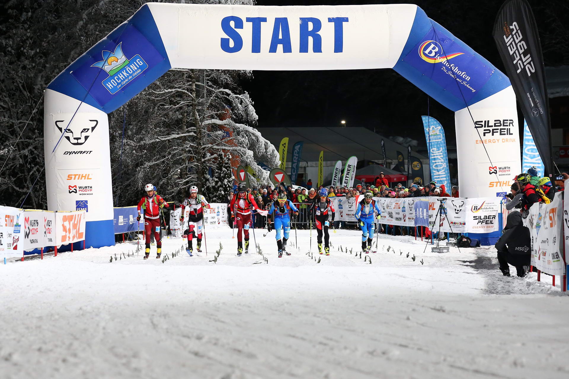 SALZBURG, AUSTRIA - JANUARY 18: start of the mens final round during ISMF World Cup Sprint Race at Paul Ausserleitnerschanze on January 18, 2019 in Salzburg, Austria.