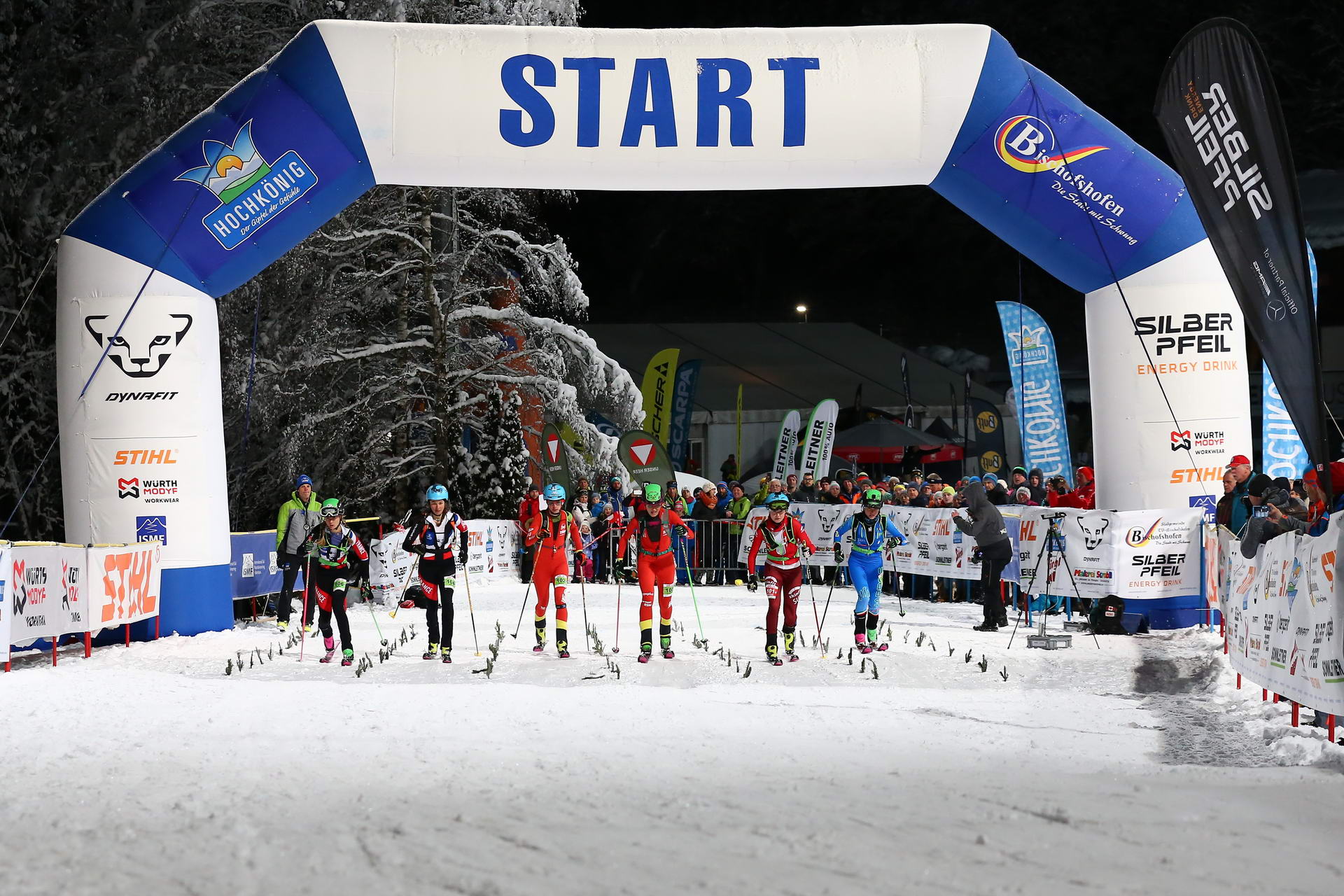 SALZBURG, AUSTRIA - JANUARY 18: start of the woman's final race during ISMF World Cup Sprint Race at Paul Ausserleitnerschanze on January 18, 2019 in Salzburg, Austria.