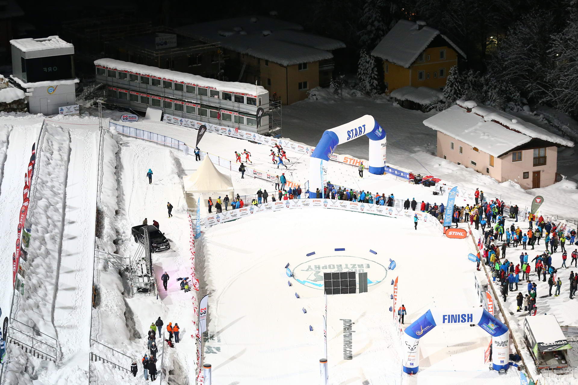 SALZBURG, AUSTRIA - JANUARY 18: start of the men's quarter final during ISMF World Cup Sprint Race at Paul Ausserleitner Schanze on January 18, 2019 in Salzburg, Austria.